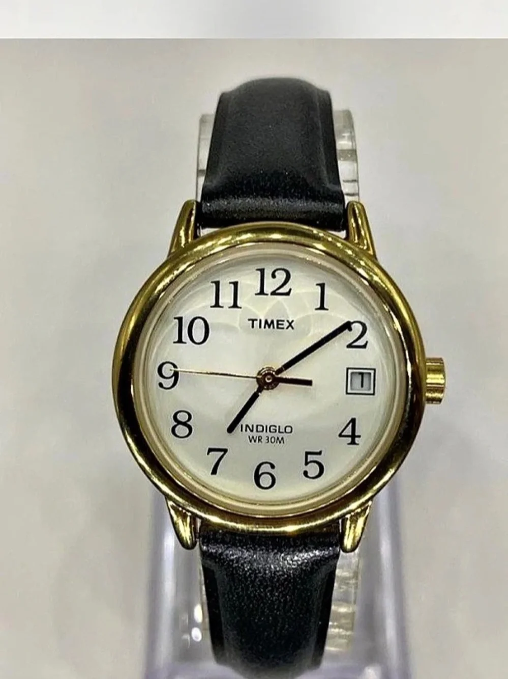 *** Timex *^* Ladies * Indiglo WR 30M Gold-Tone Black Strap Watch *^* LuX *